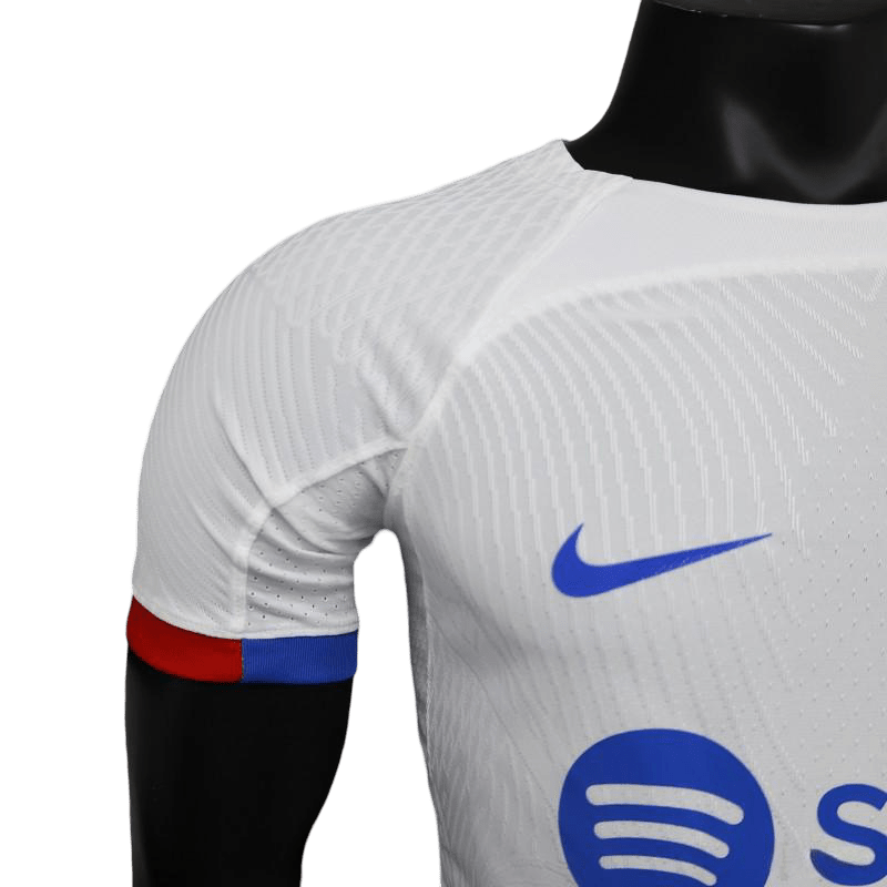 Barcelona jersey 23/24 player version white away athletic performance red blue accents heritage