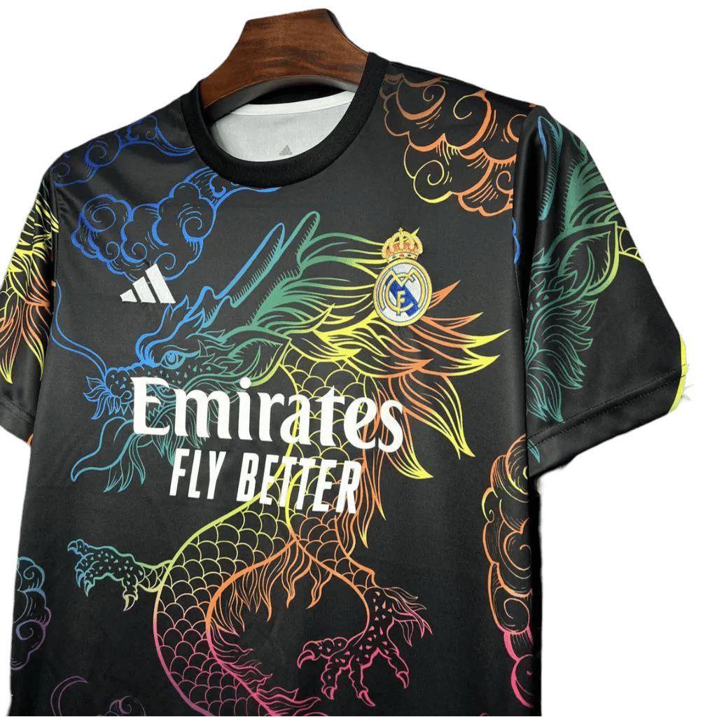 Real madrid black dragon jersey 24/25 multi-color special dragon artwork heritage