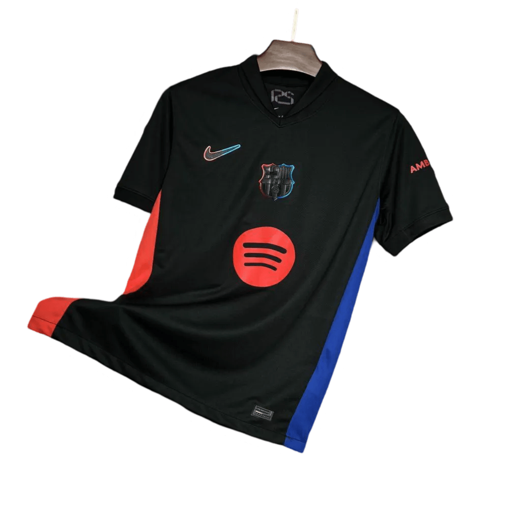 Barcelona jersey away fan version 24/25 black red blue accents contemporary construction