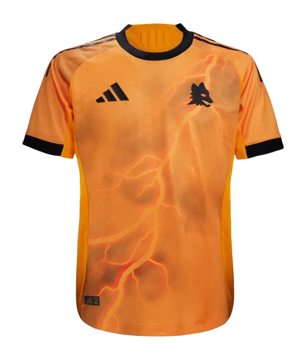 Roma soccer jersey 25/26 away fan version orange fire flame patterns adidas bold giallorossi LEAKITS Store