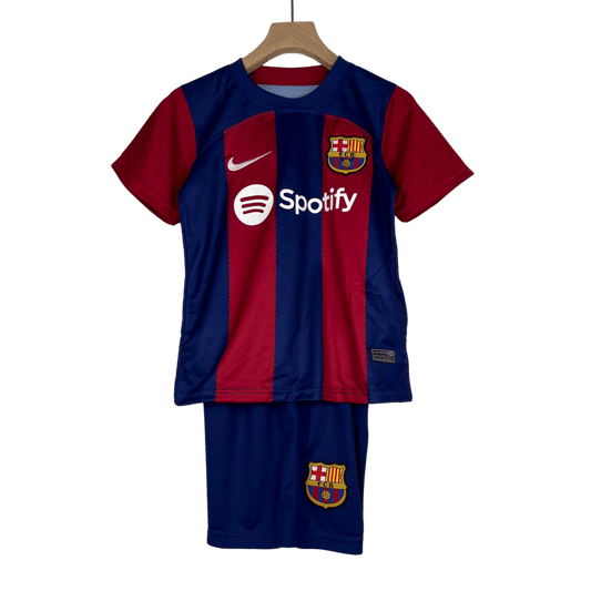 Barcelona childrens jersey home 2023 24 blue red stripes Blaugrana family legacy Camp Nou LEAKITS Store