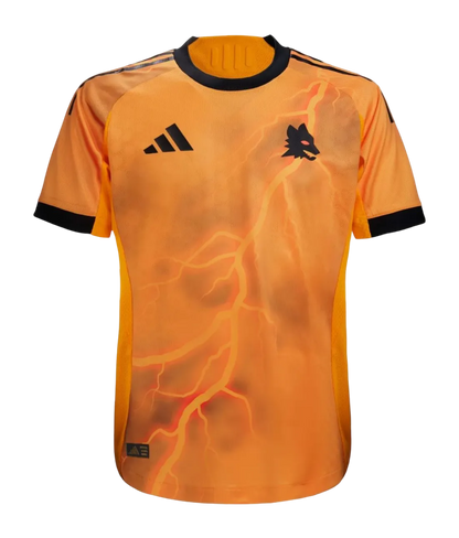 Roma soccer jersey 25/26 away fan version orange fire flame patterns adidas bold giallorossi LEAKITS Store