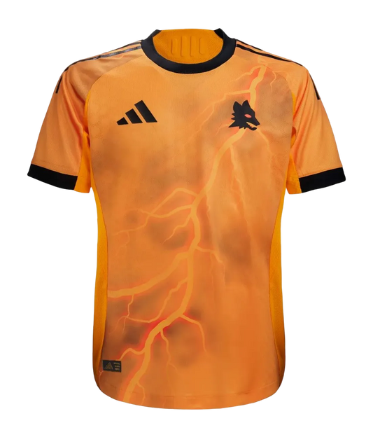 Roma soccer jersey 25/26 away fan version orange fire flame patterns adidas bold giallorossi LEAKITS Store