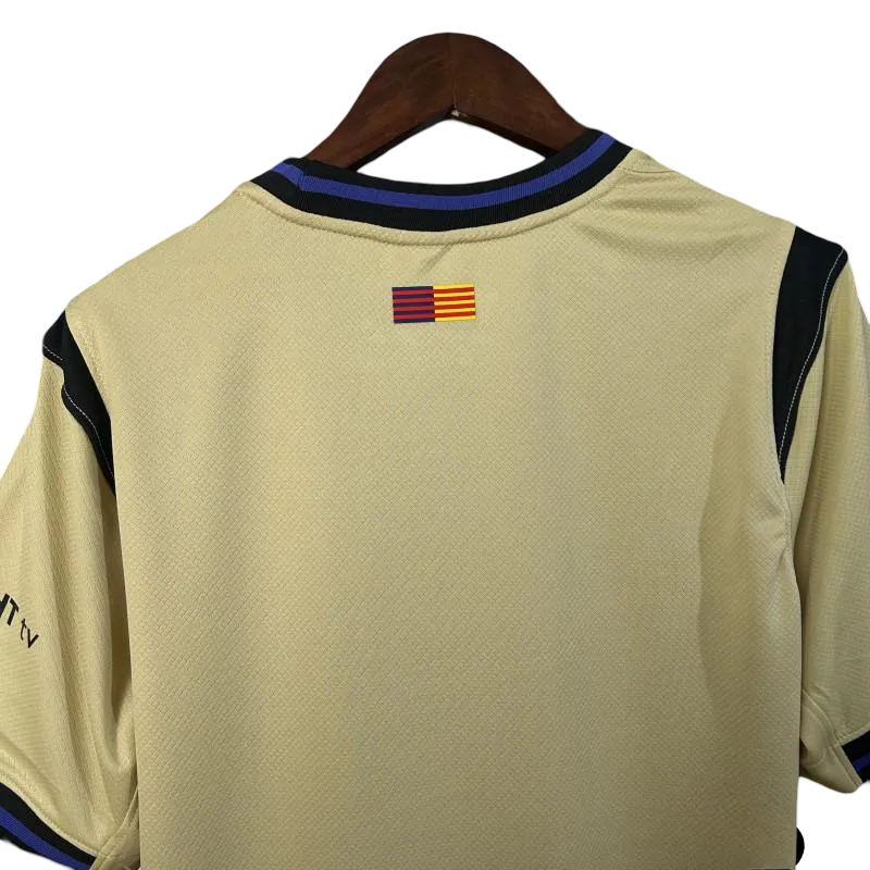 Barcelona away football kit fan version 25/26 yellow purple distinctive heritage construction