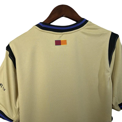 Barcelona away football kit fan version 25/26 yellow purple distinctive heritage construction