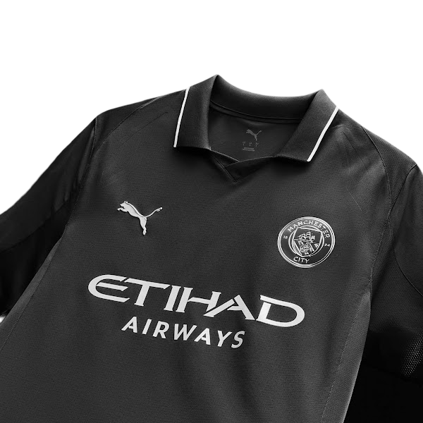 Man city away kit 25/26 fan version black design white sponsorship authentic construction

