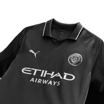 Man city away kit 25/26 fan version black design white sponsorship authentic construction
