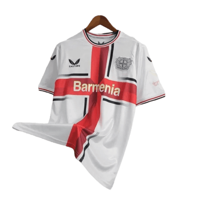 Bayer leverkusen away jersey 24/25 contemporary white background traditional cross heritage